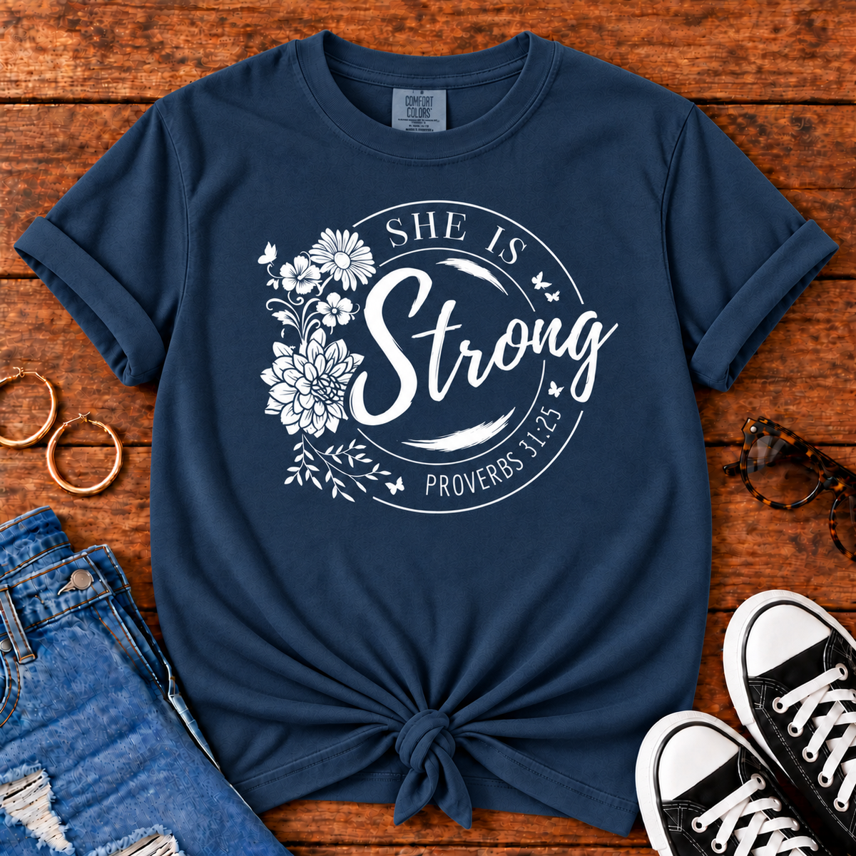 She Is Strong Proverbs 31:25 Comfort Colors True Navy Christian T-shirt