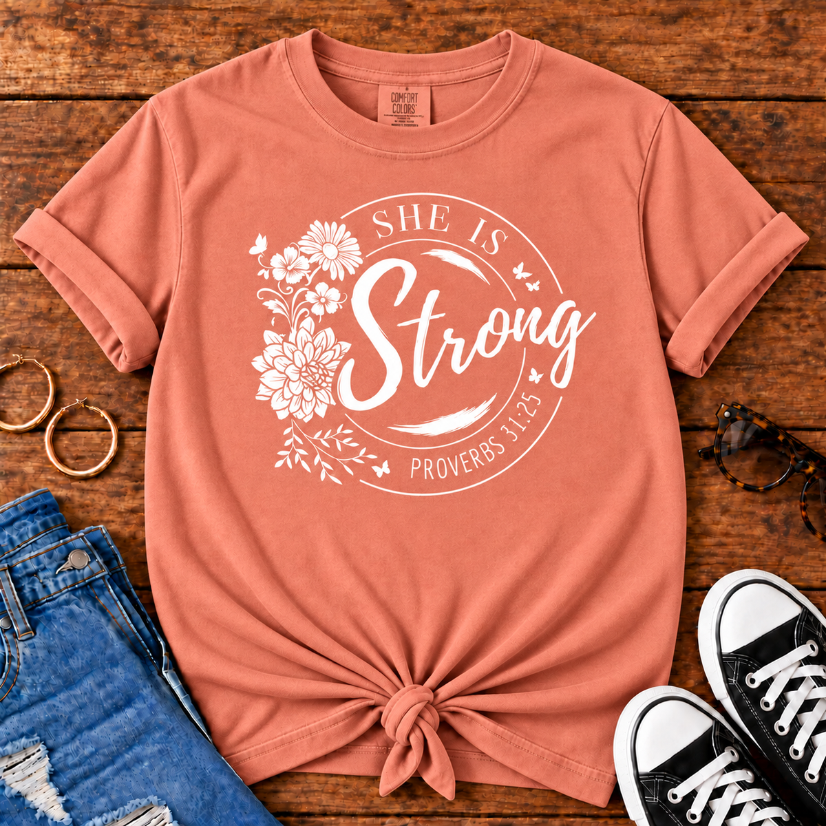 She Is Strong Proverbs 31:25 Comfort Colors Terracotta Christian T-shirt