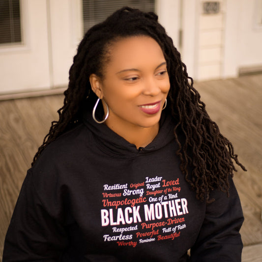 Black Mother - Powerful & Beautiful Affirmation Ladies' Pullover Hooded Sweatshirt - Red & White