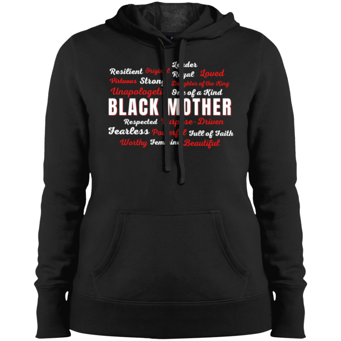 Black Mother - Powerful & Beautiful Affirmation Ladies' Pullover Hooded Sweatshirt - Red & White