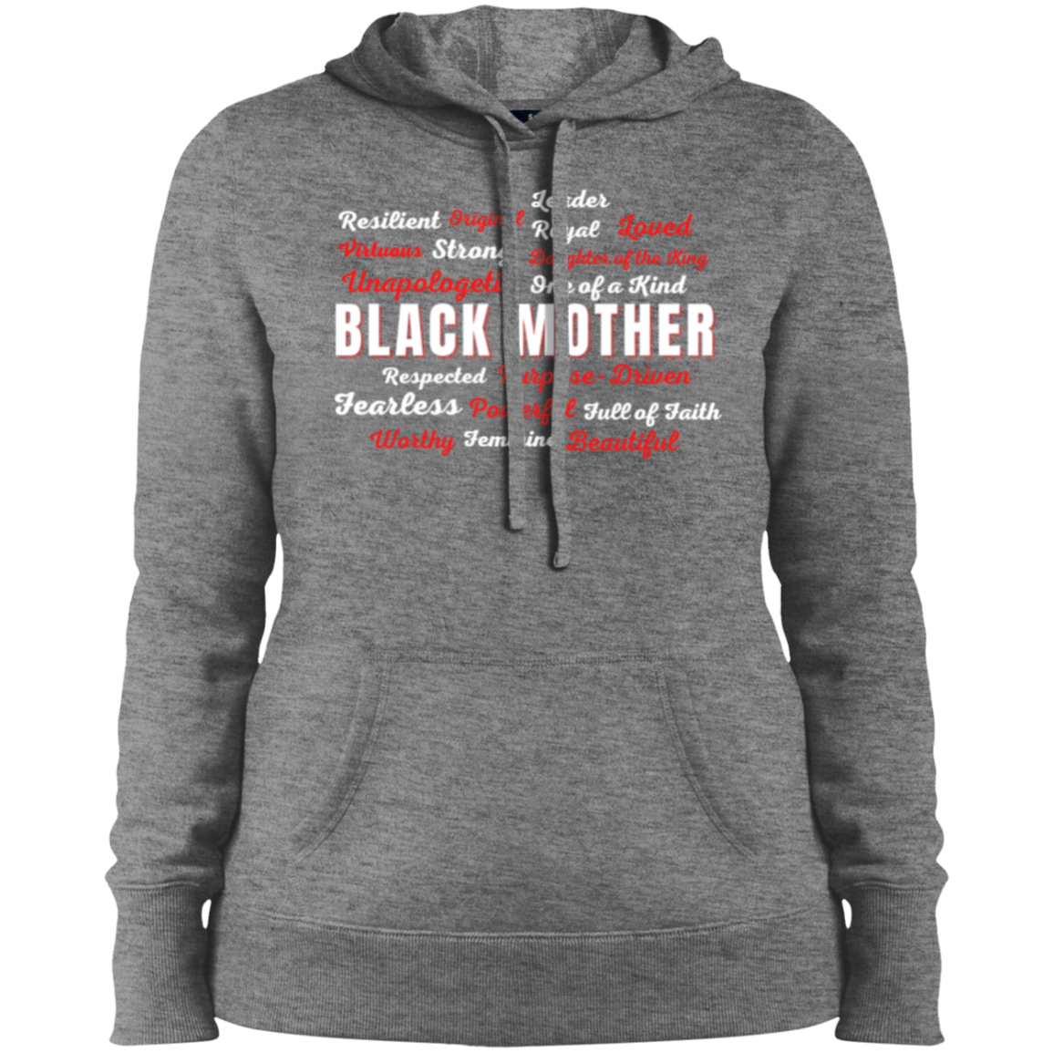 Black Mother - Powerful & Beautiful Affirmation Ladies' Pullover Hooded Sweatshirt - Red & White