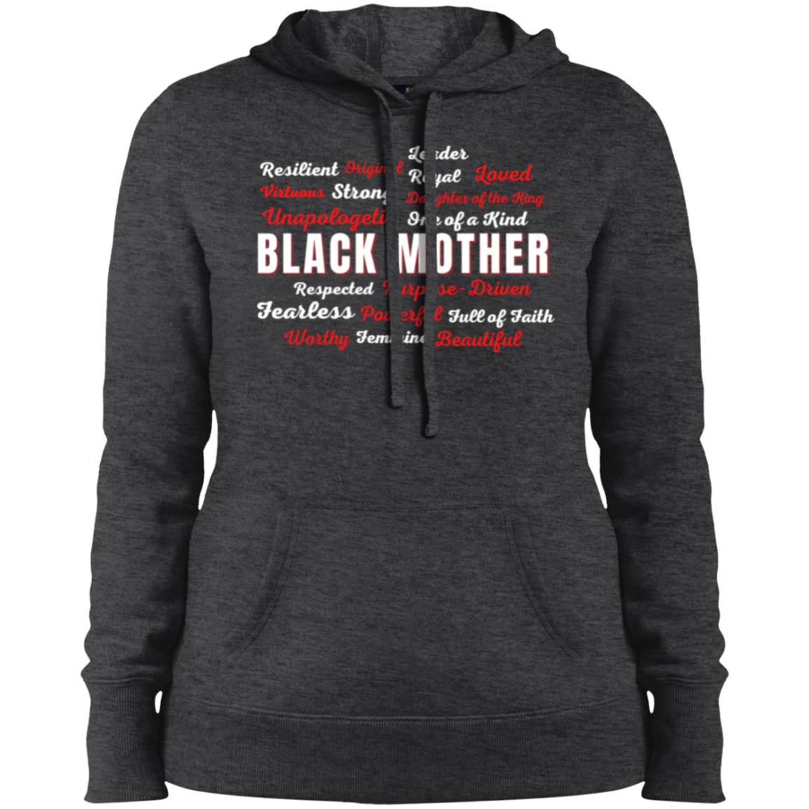 Black Mother - Powerful & Beautiful Affirmation Ladies' Pullover Hooded Sweatshirt - Red & White