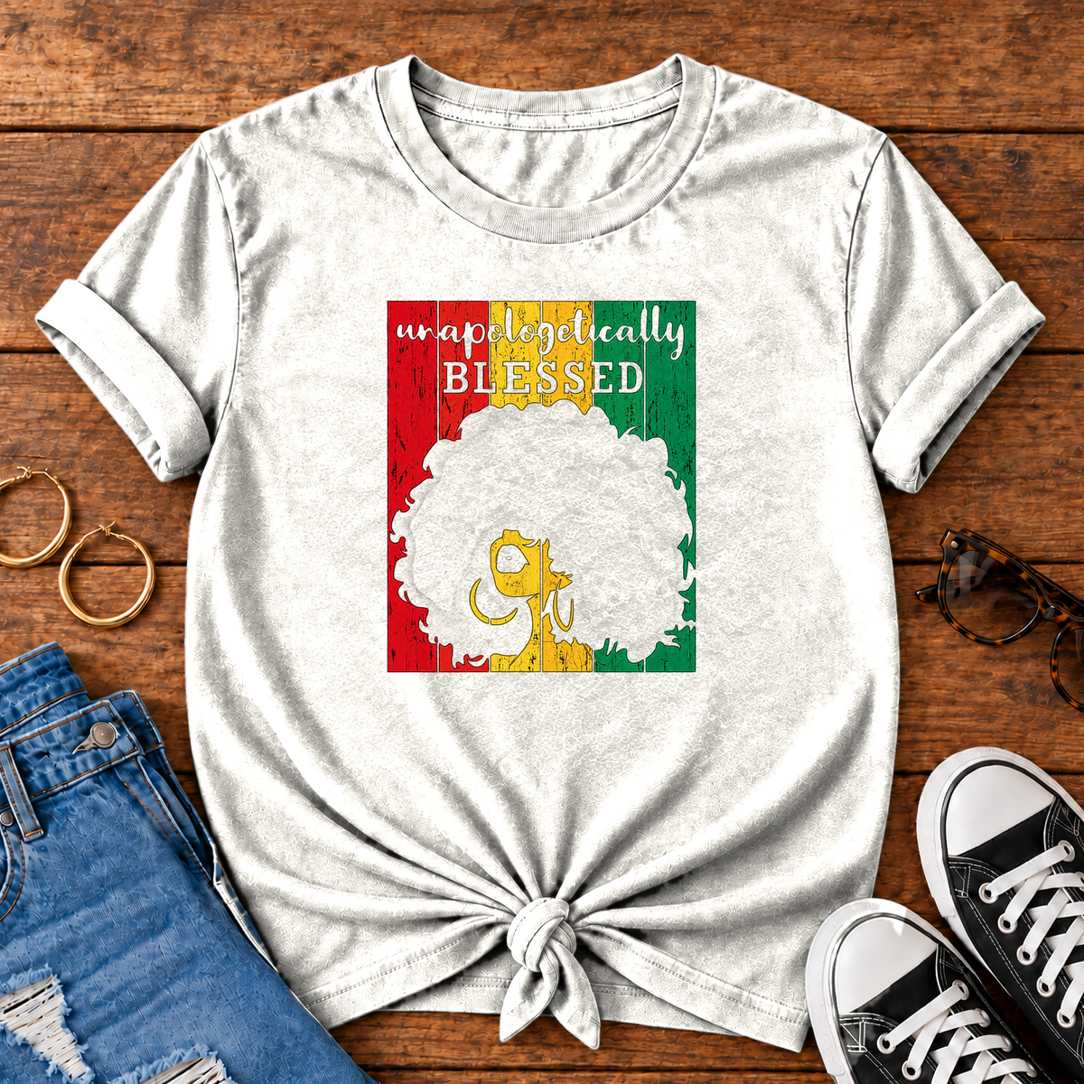 Unapologetically Blessed Comfort Colors T-Shirt in White — styled flat lay