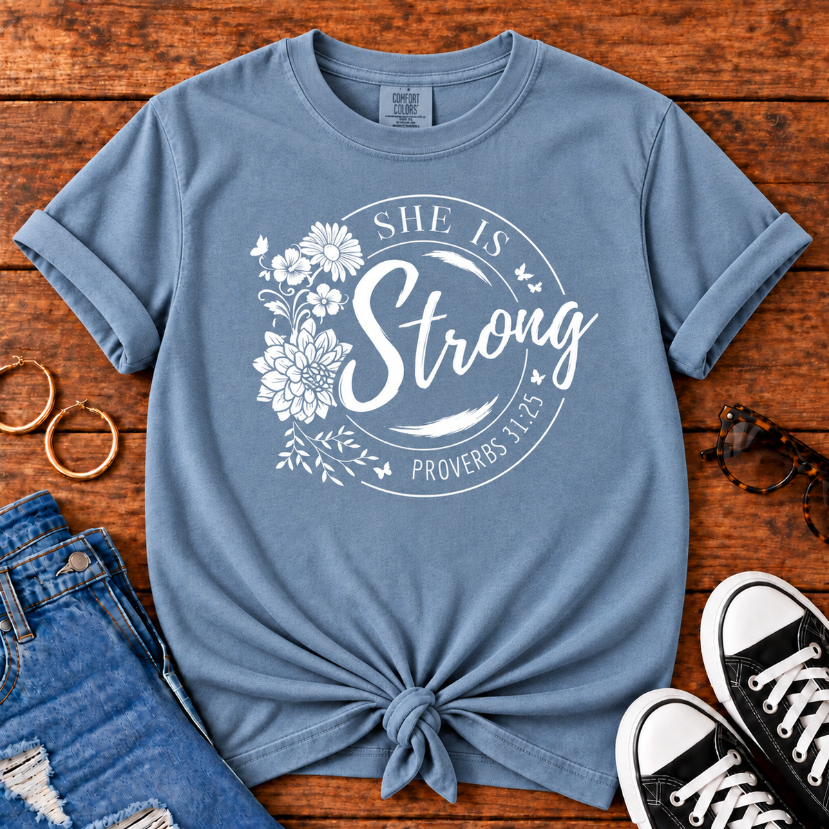 She Is Strong Proverbs 31:25 Comfort Colors Blue Jean Christian T-shirt