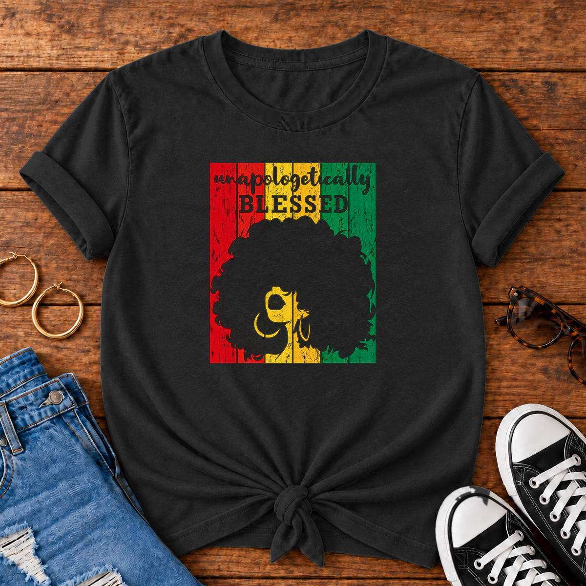 Unapologetically Blessed Comfort Colors T-Shirt in Black — styled flat lay