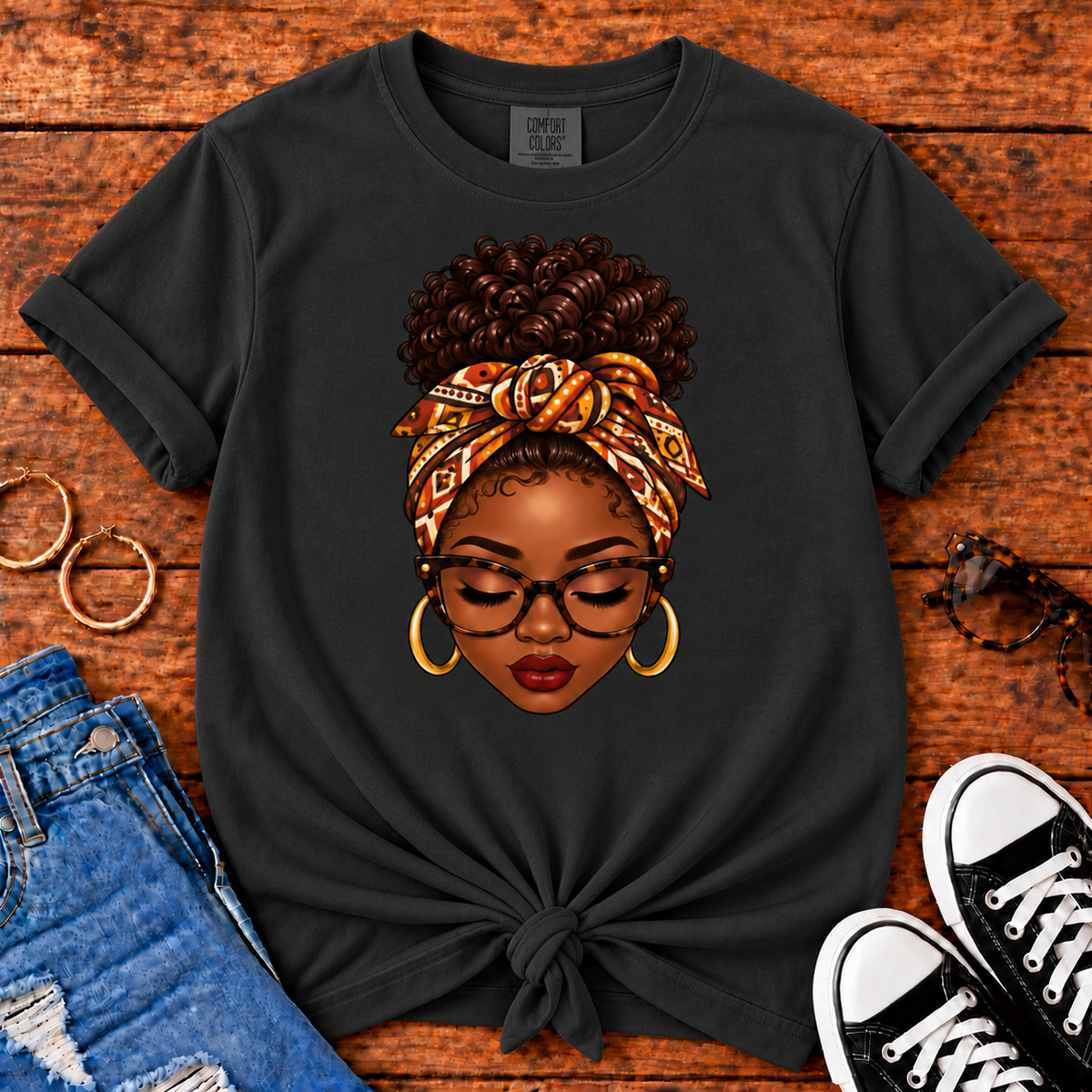 Headwrap Beauty Black woman graphic Comfort Colors Black T-shirt