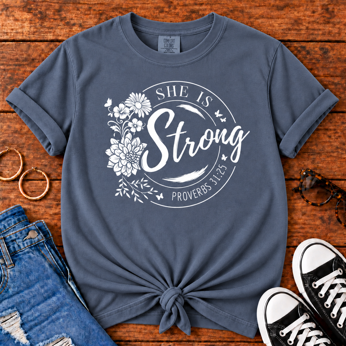 She Is Strong Proverbs 31:25 Comfort Colors Denim Christian T-shirt