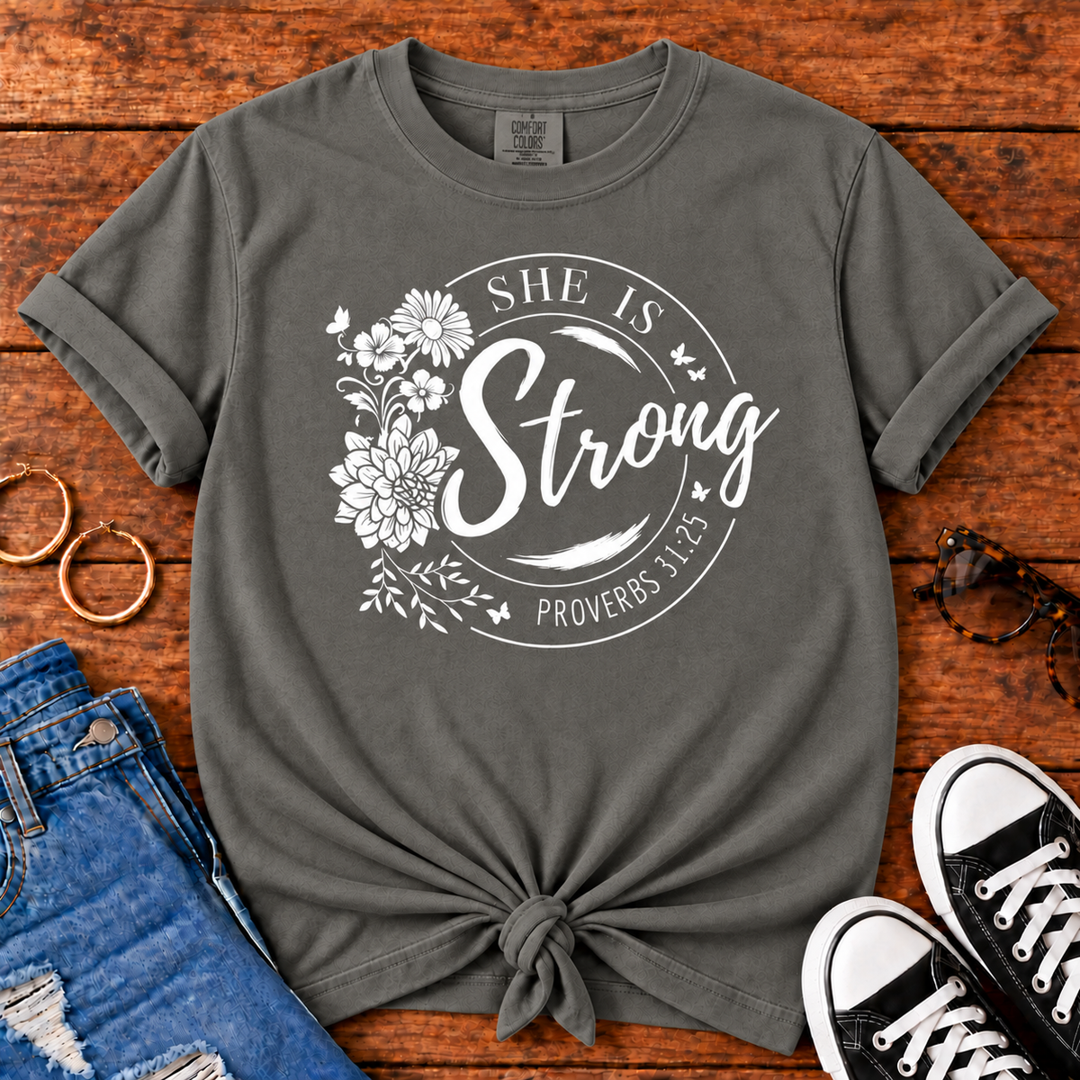 She Is Strong Proverbs 31:25 Comfort Colors Pepper Christian T-shirt