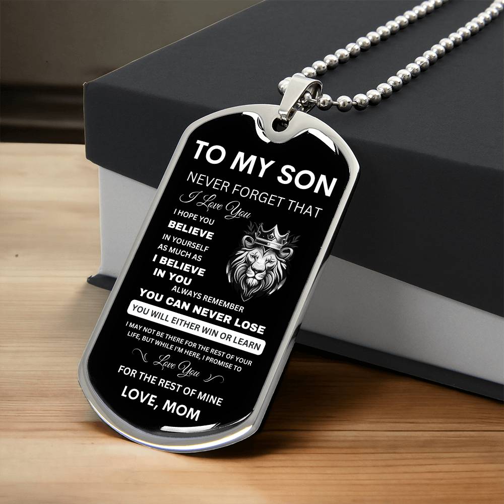 To My Son - Never Forget That I Love You - Dog Tag Necklace, Gift for Son from Mom, Sentimental Gift for Son