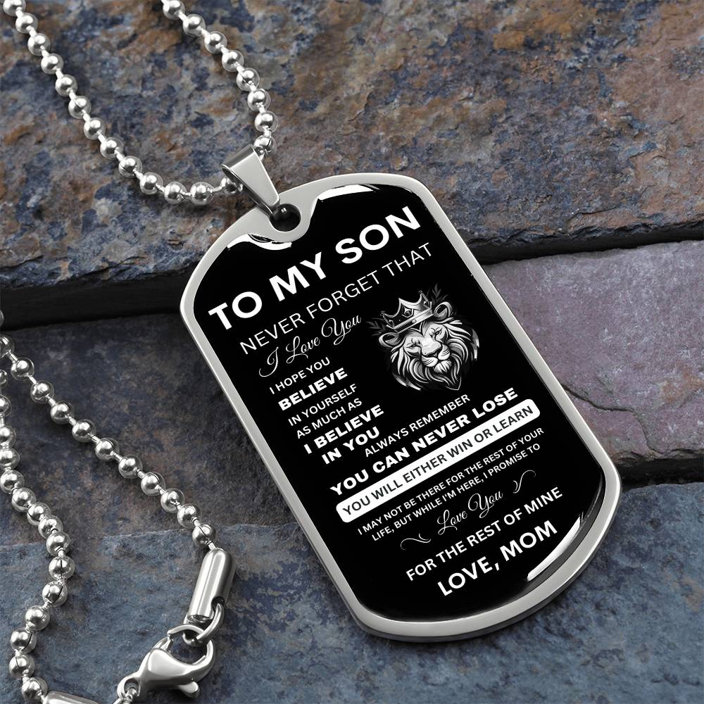 To My Son - Never Forget That I Love You - Dog Tag Necklace, Gift for Son from Mom, Sentimental Gift for Son