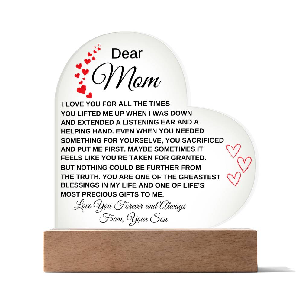 Dear Mom - I Love You - From Son to Mother Plaque