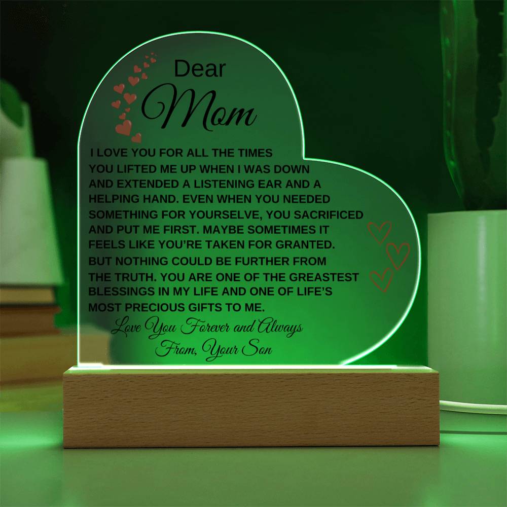 Dear Mom - I Love You - From Son to Mother Plaque