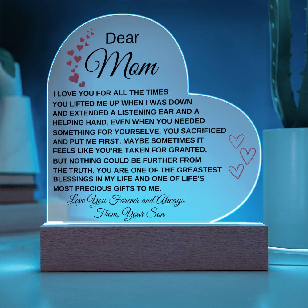 Dear Mom - I Love You - From Son to Mother Plaque