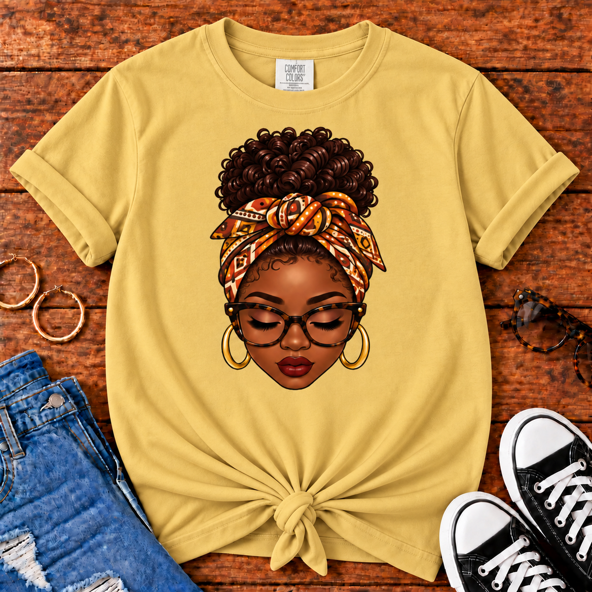 Headwrap Beauty Black woman graphic Comfort Colors Mustard T-shirt