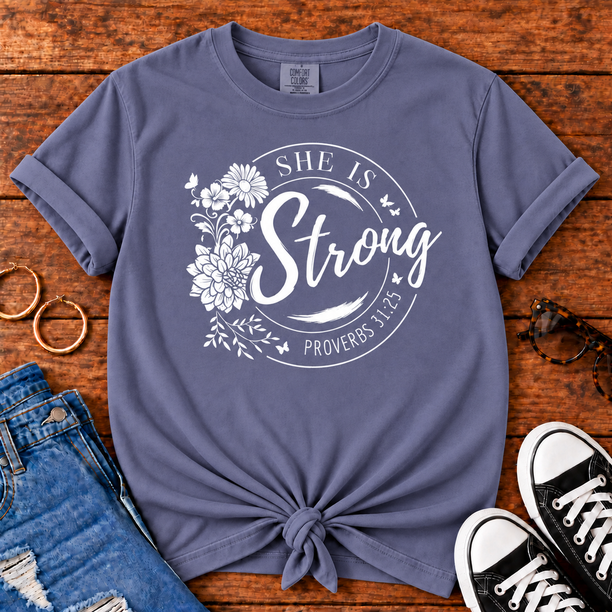 She Is Strong Proverbs 31:25 Comfort Colors Grape Juice Christian T-shirt