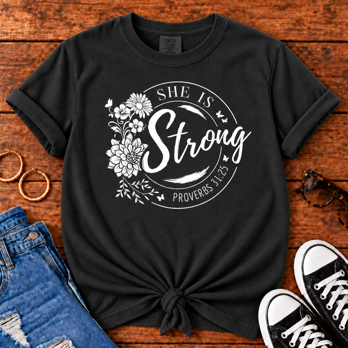 She Is Strong Proverbs 31:25 Comfort Colors Black Christian T-shirt