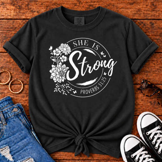 She Is Strong Proverbs 31:25 Comfort Colors Black Christian T-shirt
