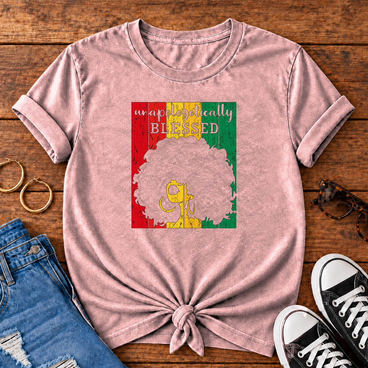Unapologetically Blessed Comfort Colors T-Shirt in Blossom — styled flat lay