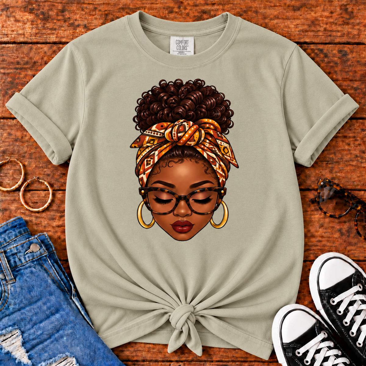 Headwrap Beauty Black woman graphic Comfort Colors Sandstone T-shirt