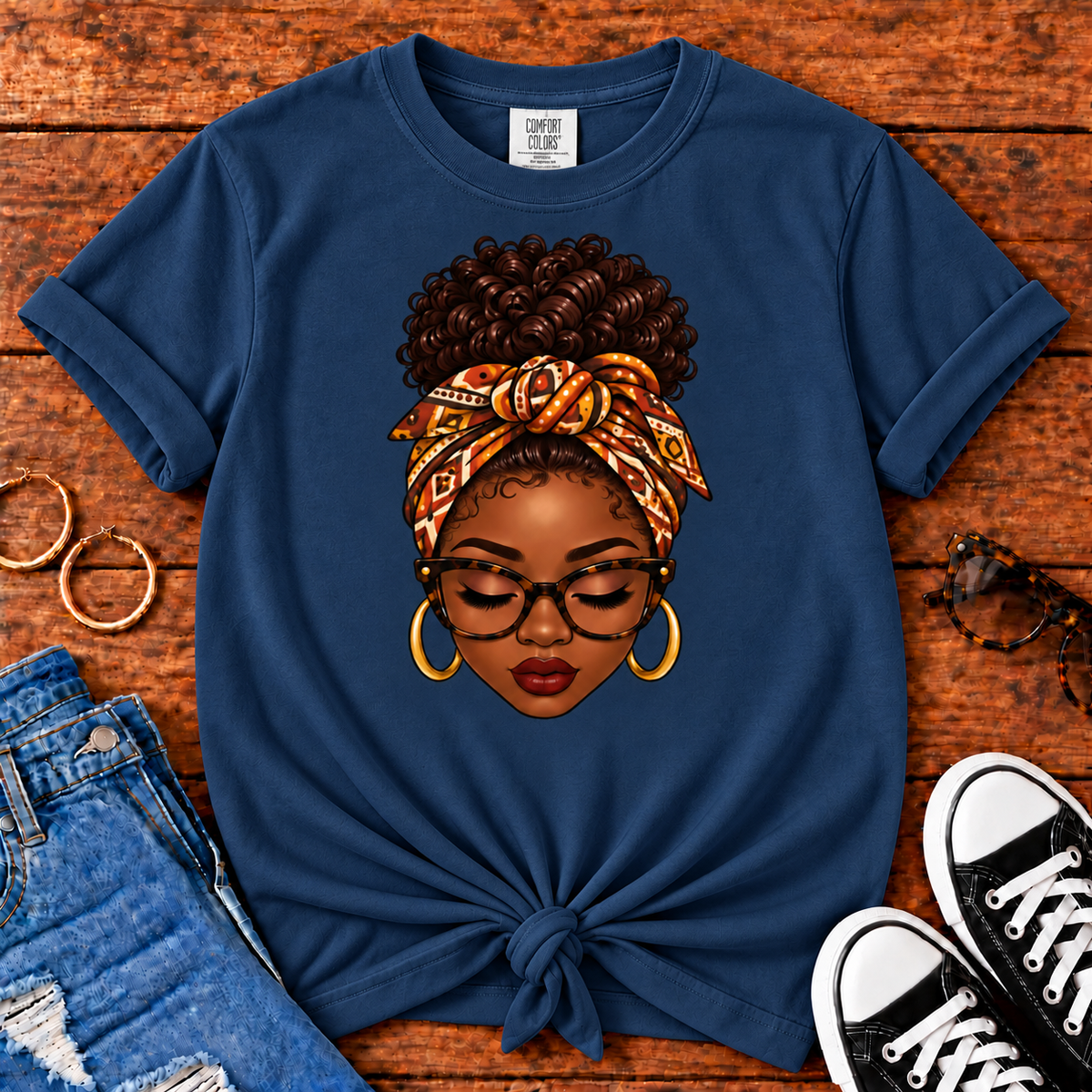 Headwrap Beauty Black woman graphic Comfort Colors True Navy T-shirt