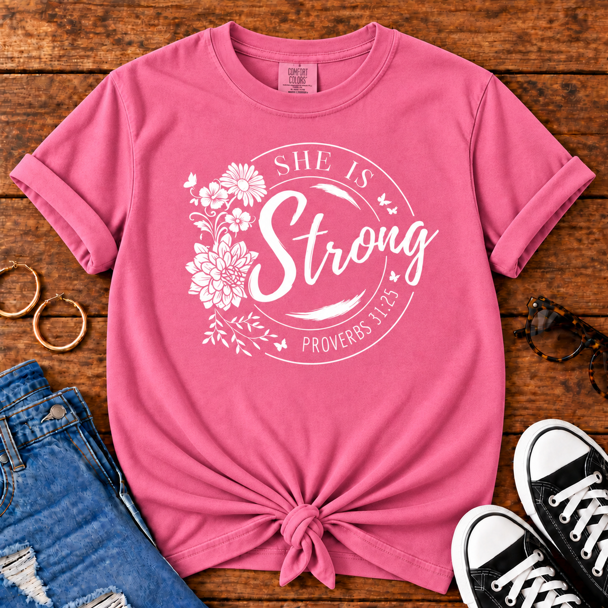 She Is Strong Proverbs 31:25 Comfort Colors Crunchberry Christian T-shirt