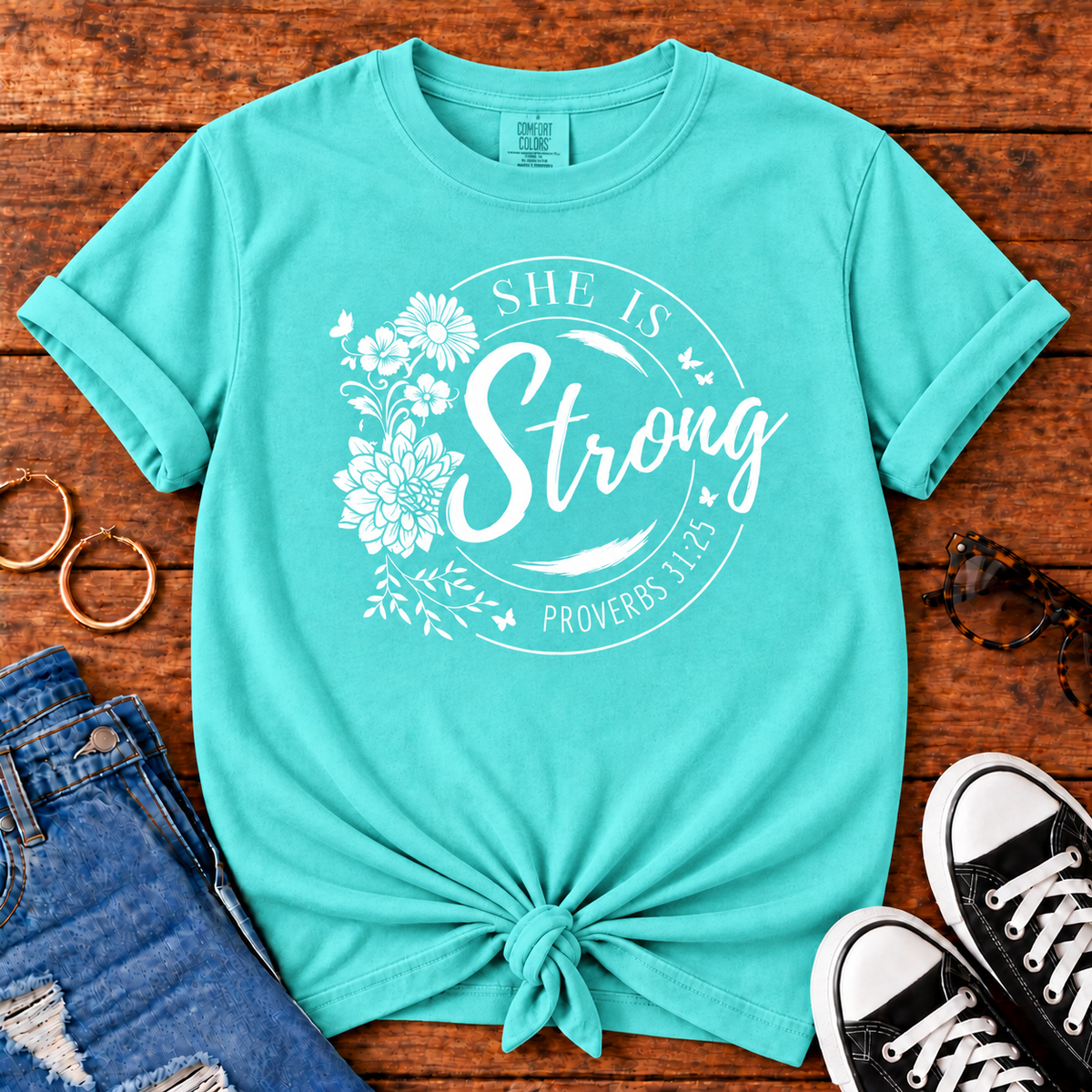 She Is Strong Proverbs 31:25 Comfort Colors Lagoon Blue Christian T-shirt