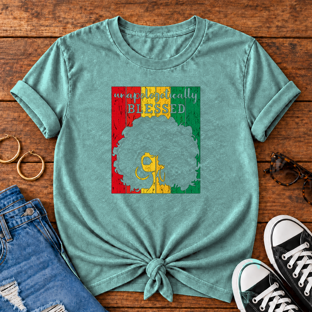 Unapologetically Blessed Comfort Colors T-Shirt in Bay — styled flat lay