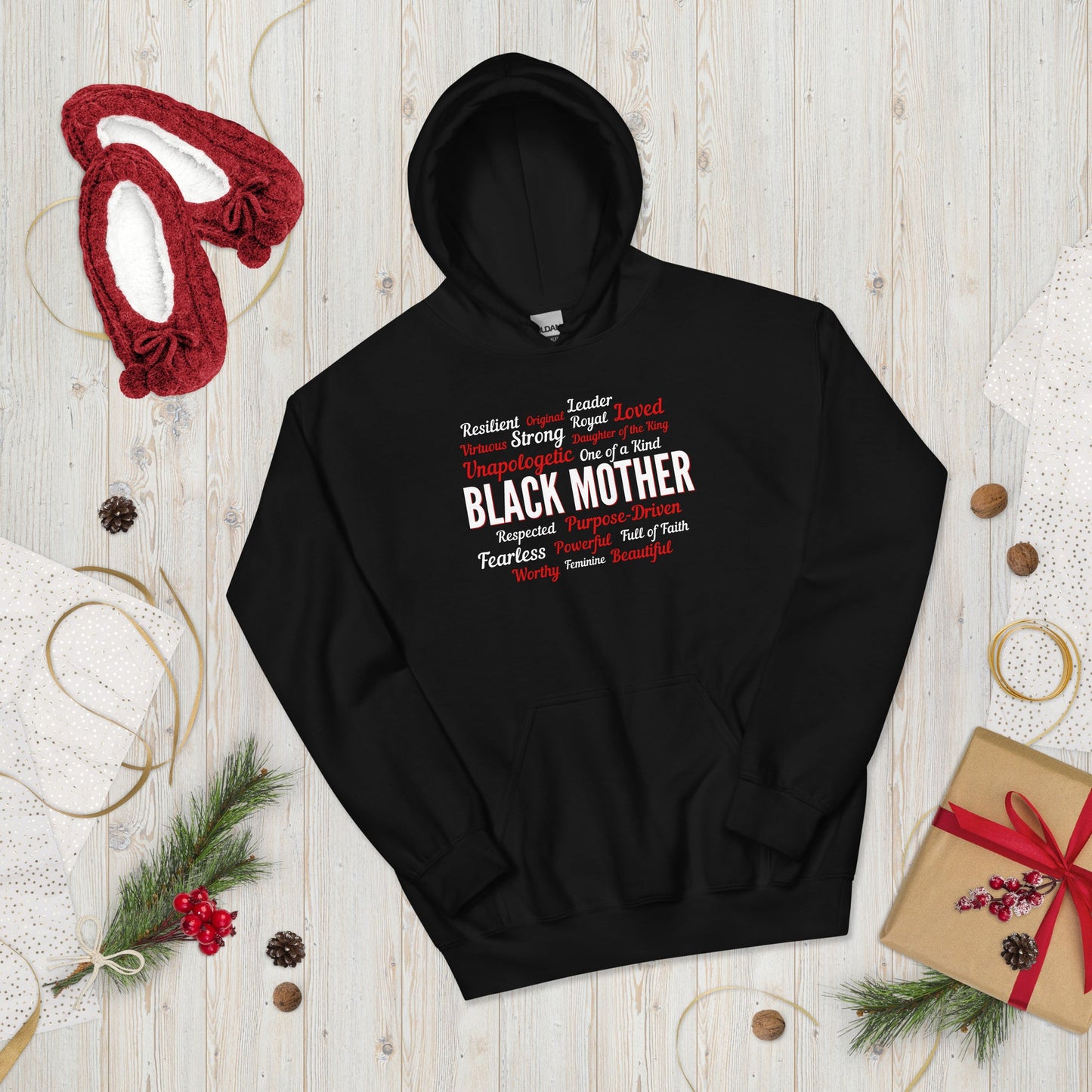 Black Mother - Powerful & Beautiful Affirmation Ladies' Pullover Hooded Sweatshirt - Red & White