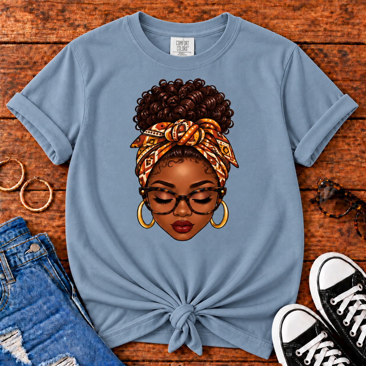 Headwrap Beauty Black woman graphic Comfort Colors Blue Jean T-shirt