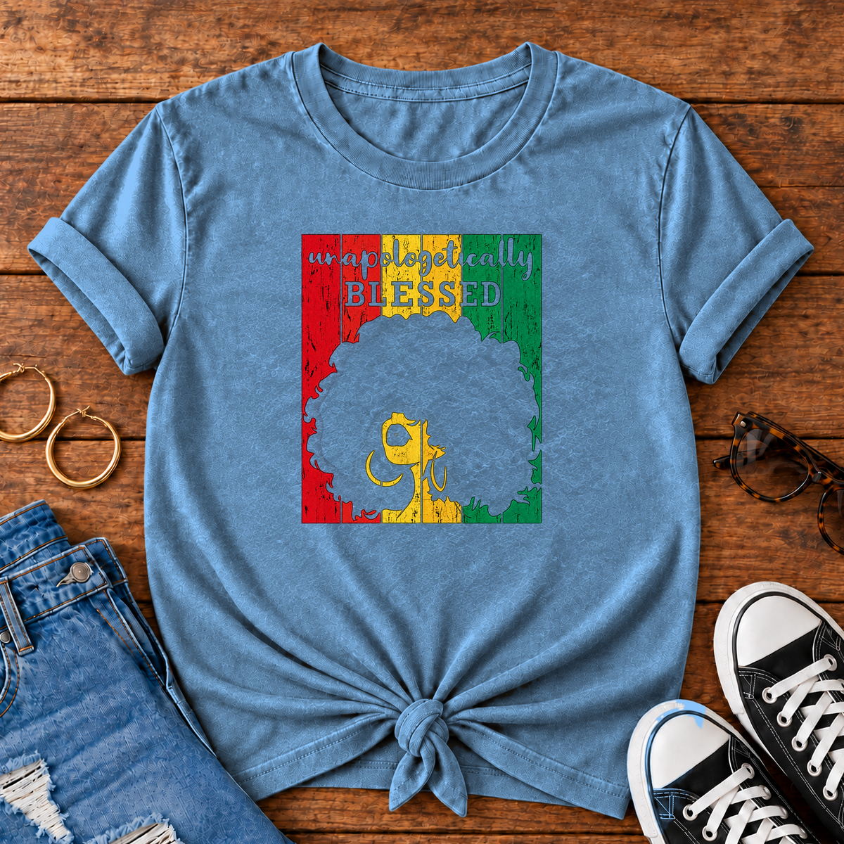 Unapologetically Blessed Comfort Colors T-Shirt in Blue Jean — styled flat lay
