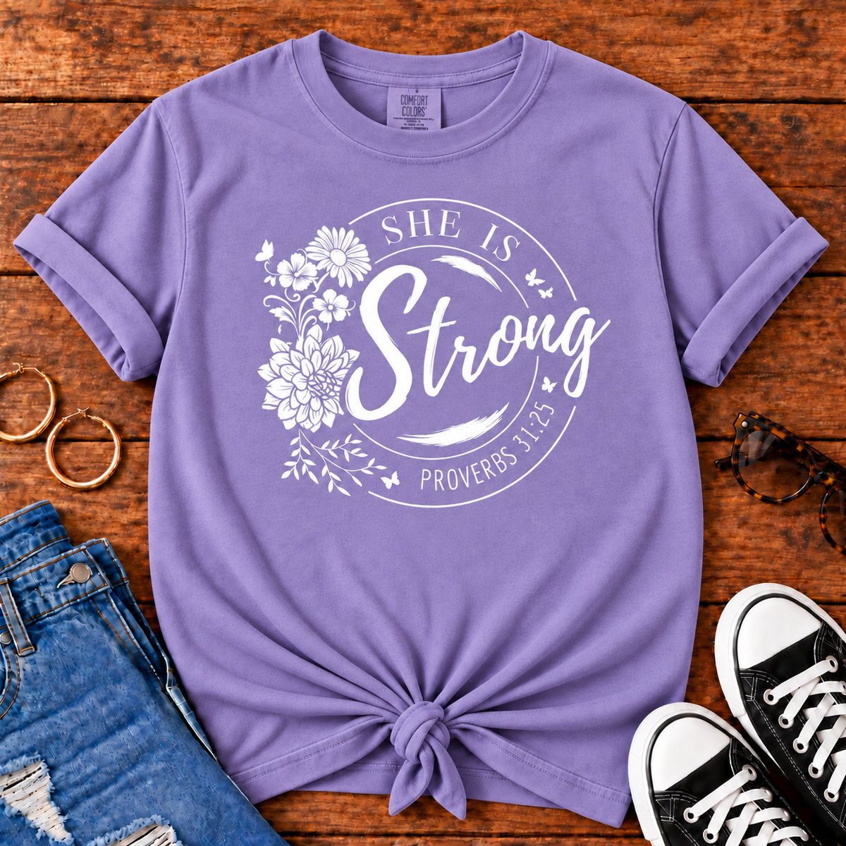 She Is Strong Proverbs 31:25 Comfort Colors Violet Christian T-shirt